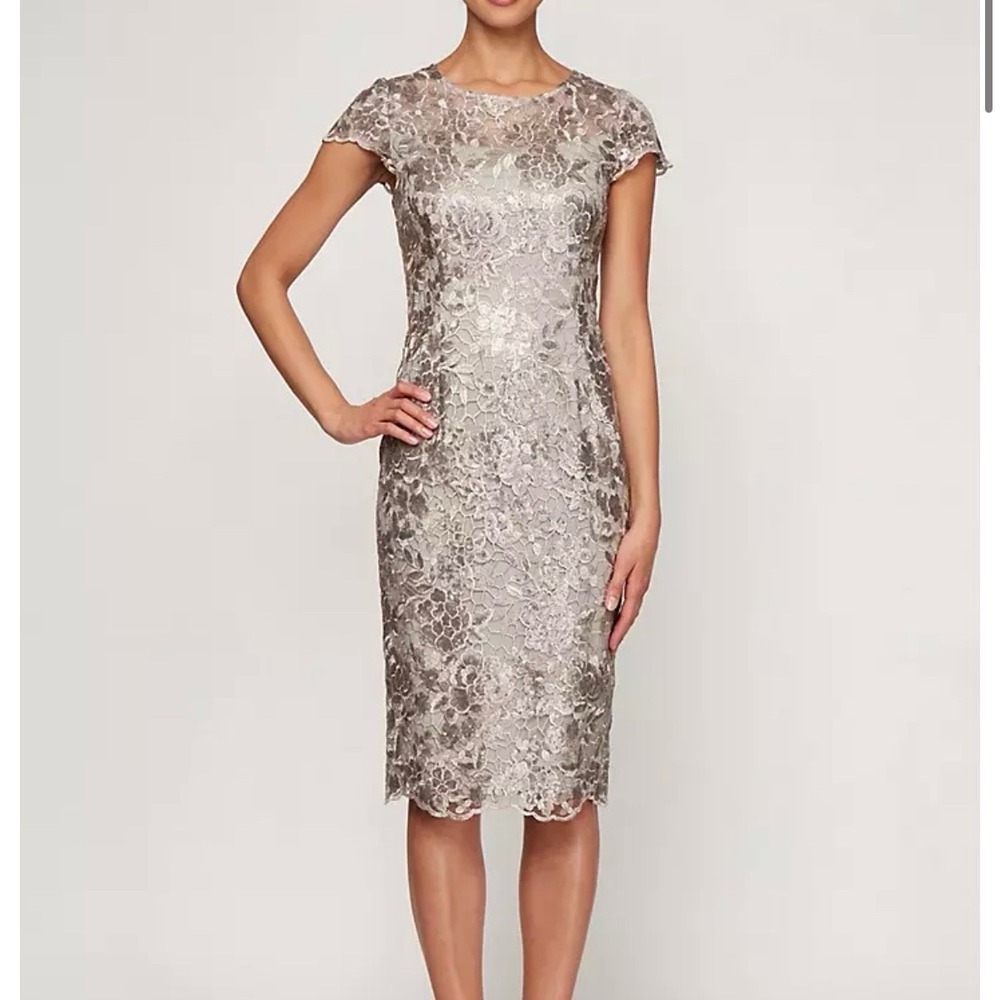 Alex Evenings Embroidered Sequin Short Cap Sleeve Sheath Dress Taupe Size 6